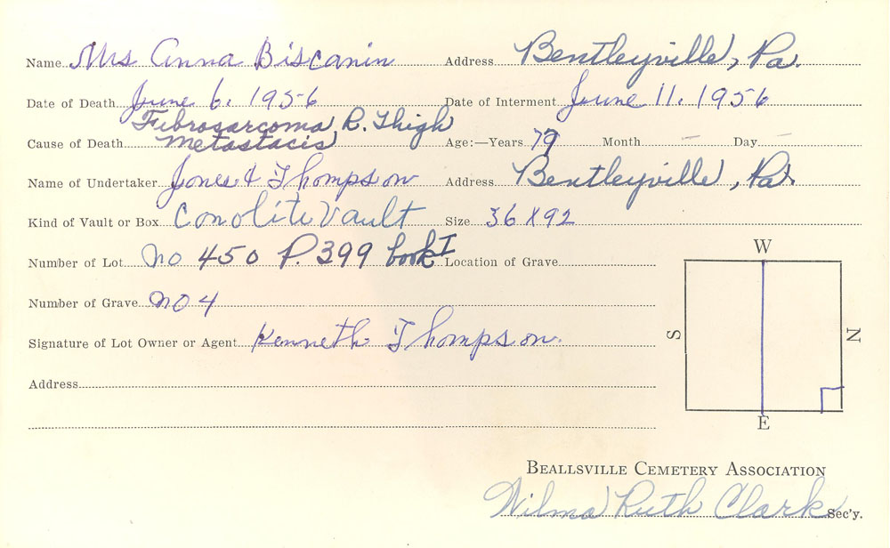 Anna Biscanin burial card